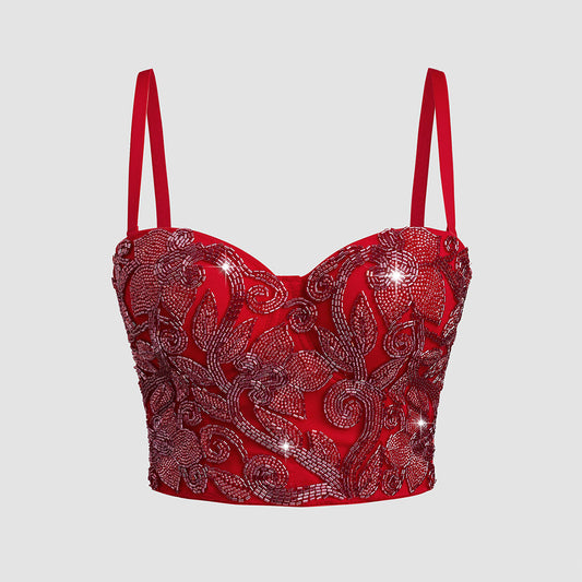 Elastic Red Bone Chest Support Sequin Embroidered Strap Camisole
