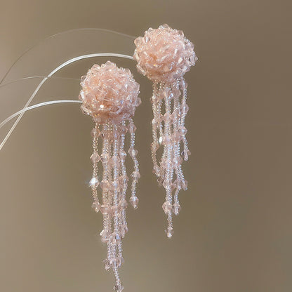 Pendientes colgantes de flores de tela con aguja de plata para mujer