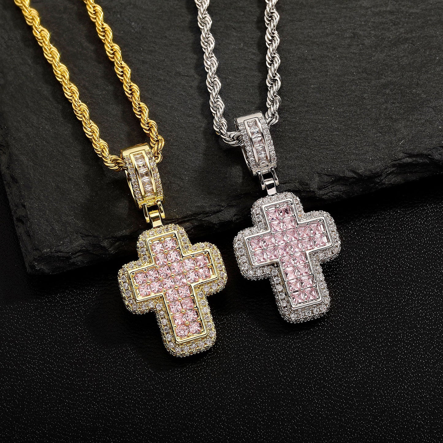 Collar de cruz de circonita cuadrada en T de moda, ligero y lujoso