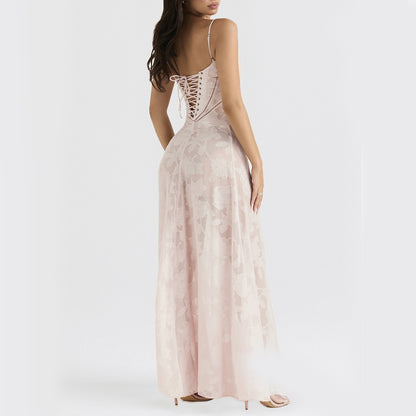 Vestido de verano largo con tirantes y encaje de flores, sexy, con espalda estrecha y cordones, para fiesta, noche y club.