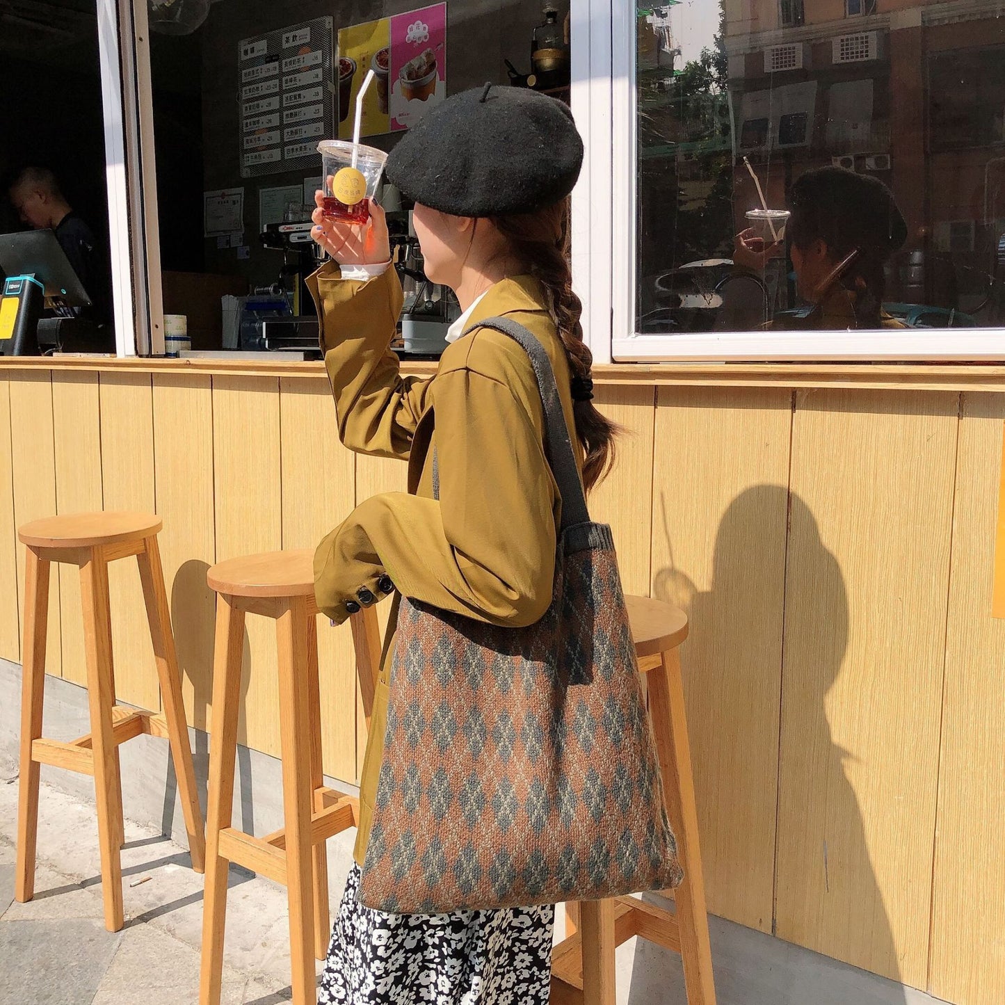 Knitted portable tote bag wool one-shoulder women's cloth bag