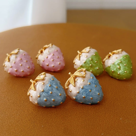 Vintage Western Style White Enamel Glaze Strawberry Silver Stud Earrings