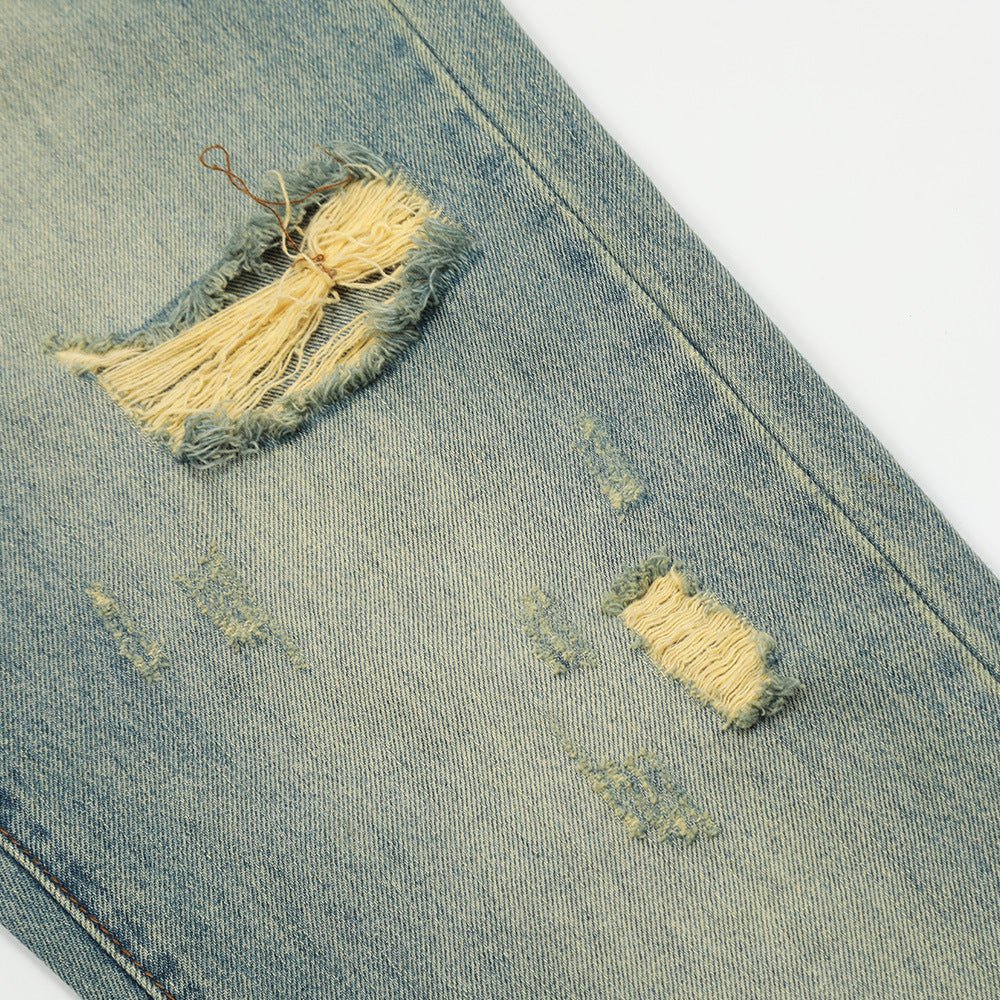 Pan Yellow Denim Broken Holes Pants Men - BAGMODA