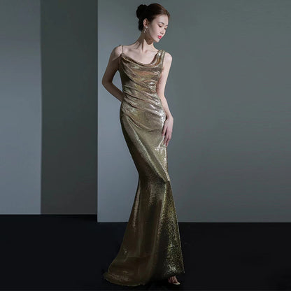 Vestido de noche de cola de pez para mujer, elegante, con lentejuelas, para reunión anual, sexy, sin espalda