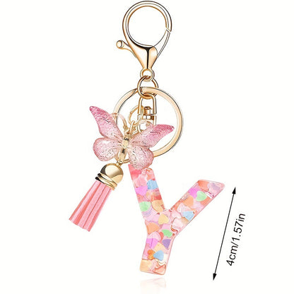 Llavero con borla de mariposa, lentejuelas y corazón con letras de amor
