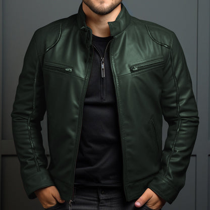Chaqueta de cuero para motociclista con cuello alto para hombre