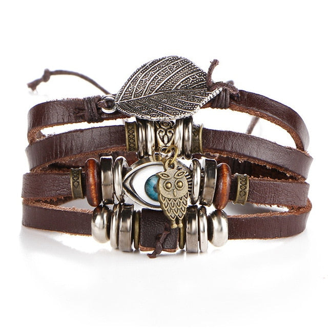 2 pcs Tibet Stone Feather Multilayer Leather Bracelet Eye Fish Charms Beads Bracelets for Men Vintage Punk Wrap Wristband