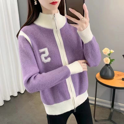 Nuevo suéter de punto de cuello alto suelto de estilo coreano, cárdigan con cremallera para mujer