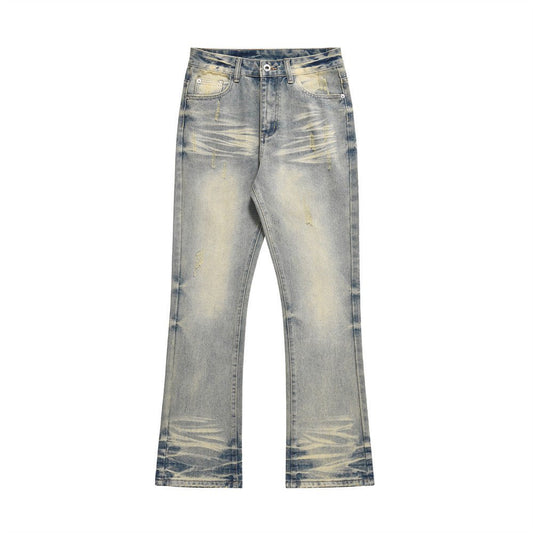 Distressed Scratches Denim Straight - leg Pants Men - BAGMODA