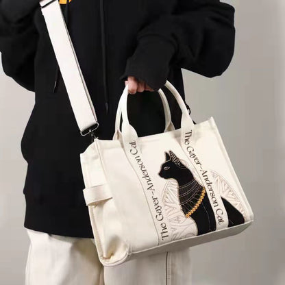 Schultertasche aus Canvas mit Katzenstickerei