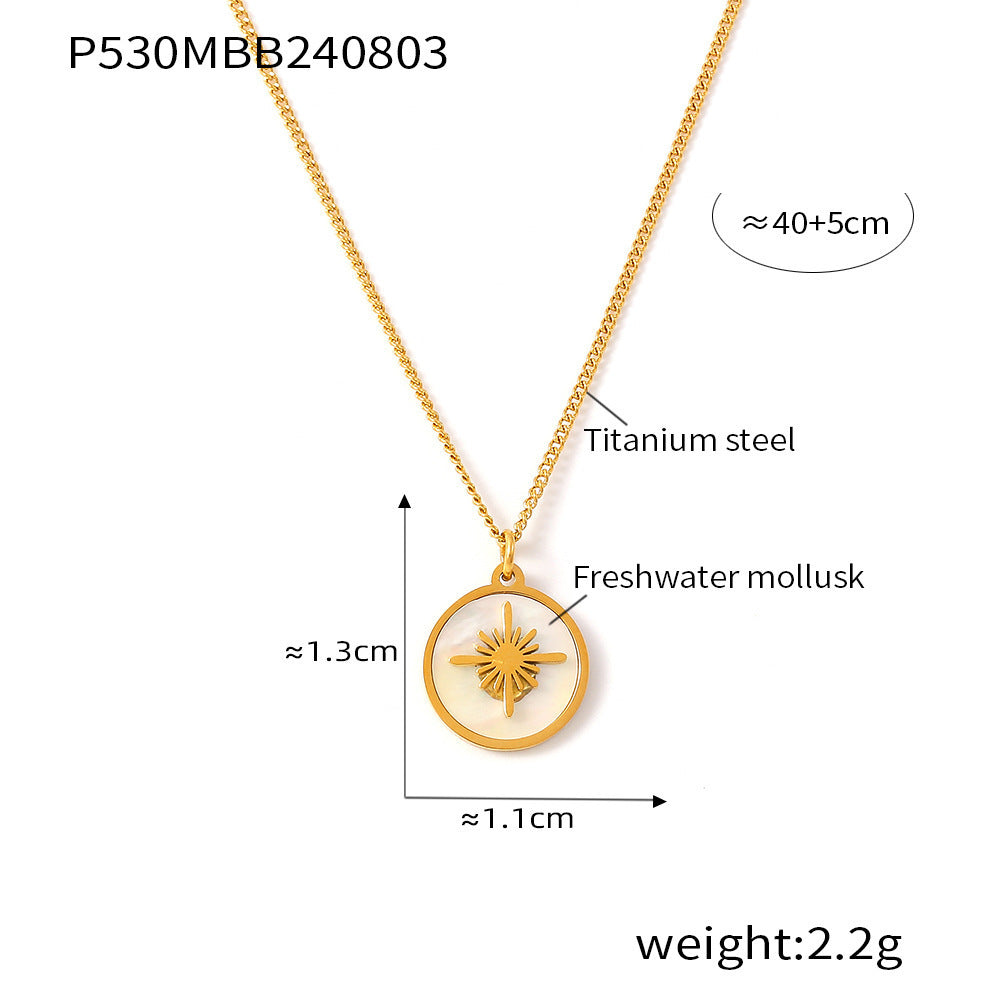 Vintage XINGX Water Shell Round Plate Pendant Necklace Titanium Steel 18K Gold Plated Clavicle Chain