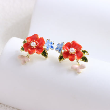 925 Silber Nadel Tropfen Öl Perle Blume Ohrringe