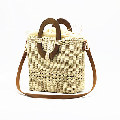 Bolso de mano tejido con un solo hombro para mujer, hecho de papel hueco con hierba