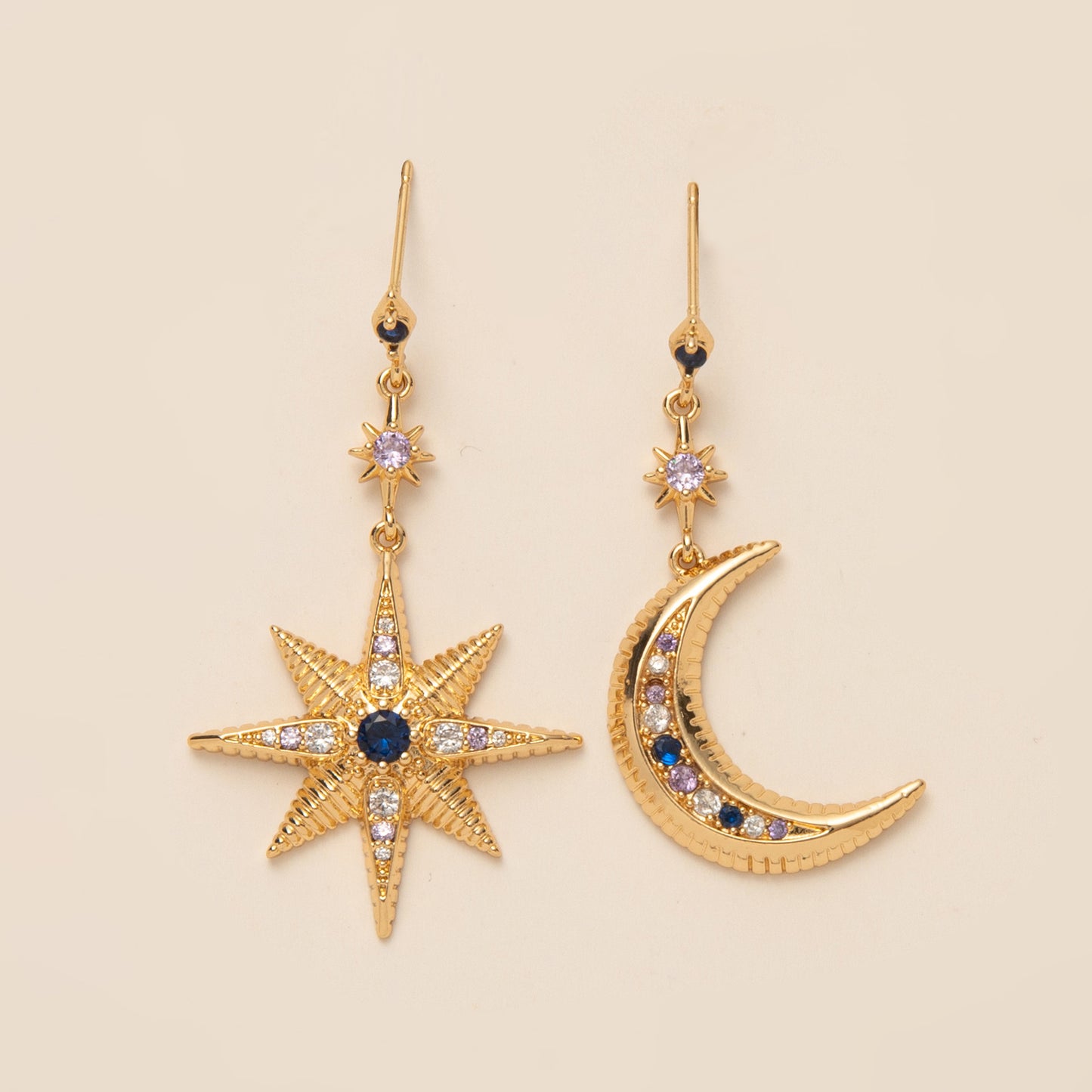 Star Moon Asymmetric Color Zircon Star And Moon Stud Earring