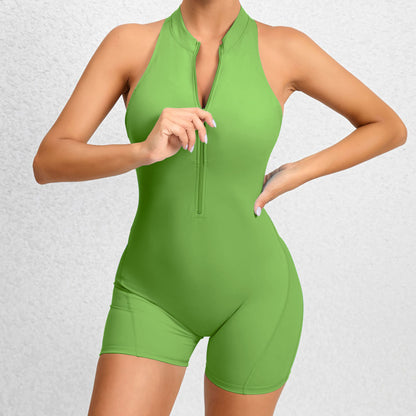 Mono corto de yoga con cremallera y sin mangas para mujer, moldeador de abdomen, moldeador de glúteos, ropa deportiva para mujer
