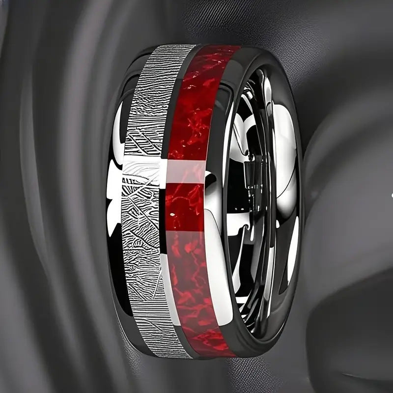 European And American Stainless Steel Ring Two-tone Design Silver And Red Texture