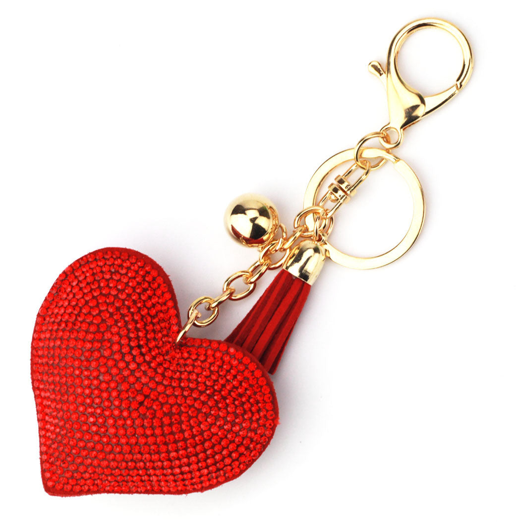 Peach Heart Rhinestone Leather Key Chain Love Tassel Bag Pendant