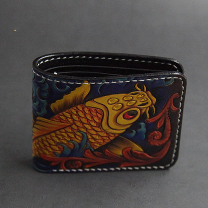 Erste Schicht Rindsleder Handgefertigte Leder Carving Brieftasche Kurze Karpfen Paar Geschenk