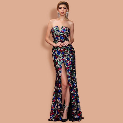 Vestido sexy con escote en V y hombros descubiertos con lentejuelas para mujer