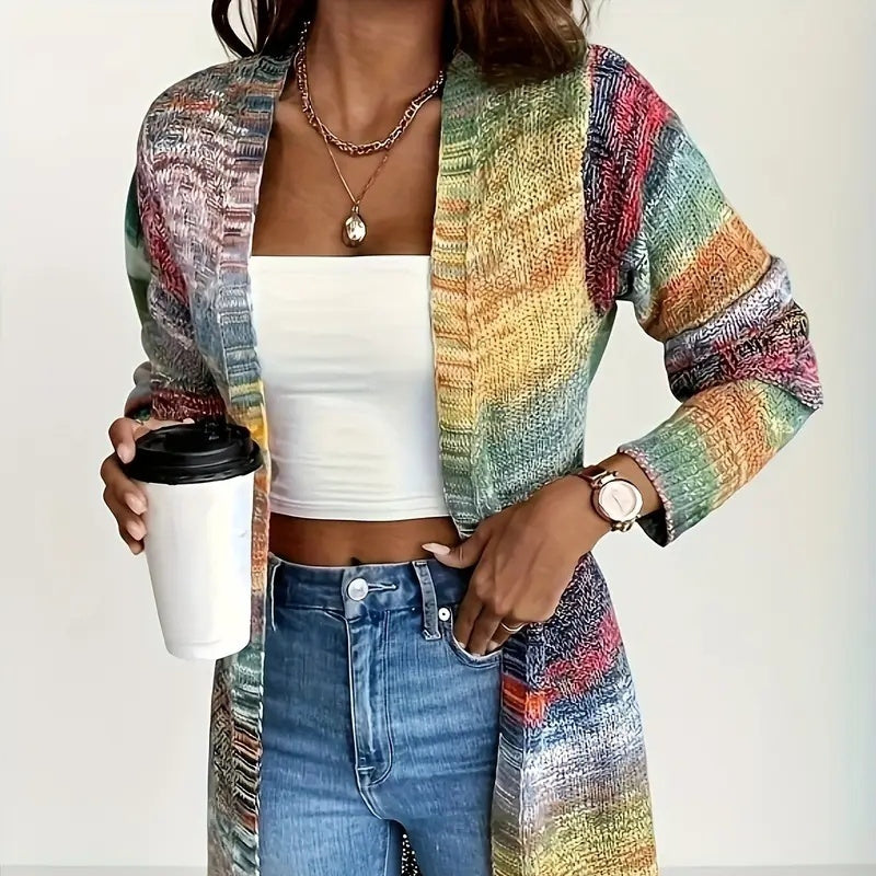 Ladies' Soft Acrylic Gradient Color Block Cardigan