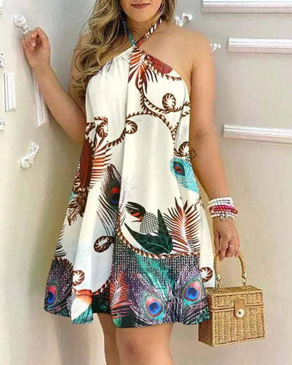 Vestido estampado de verano con hombros descubiertos y cuello colgante sin mangas, vestidos sexys para mujer