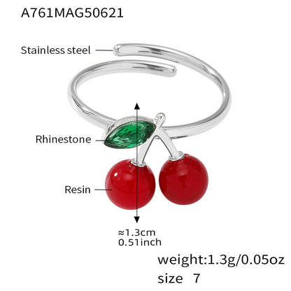 Dream Hochwertiger offener Ring aus tschechischem Diamantharz mit kleiner Kirsche und feinem Kreis