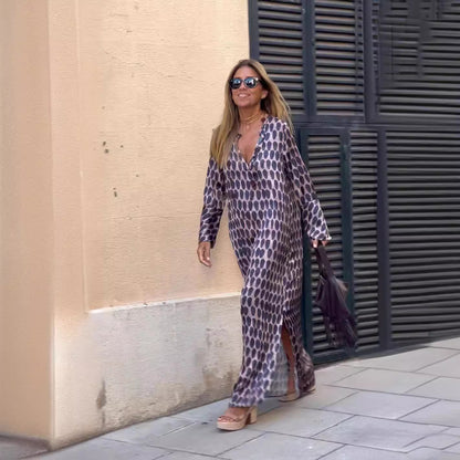 Vestido largo de verano con cuello en V y estampado geométrico, manga larga y aberturas para mujer