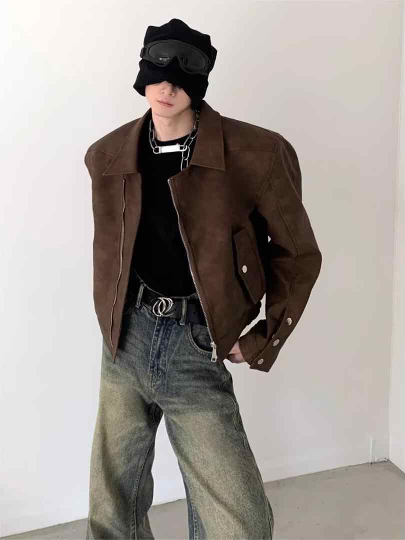 Short Padded Shoulder Brown Leather Coat Men's Pilot Jacket