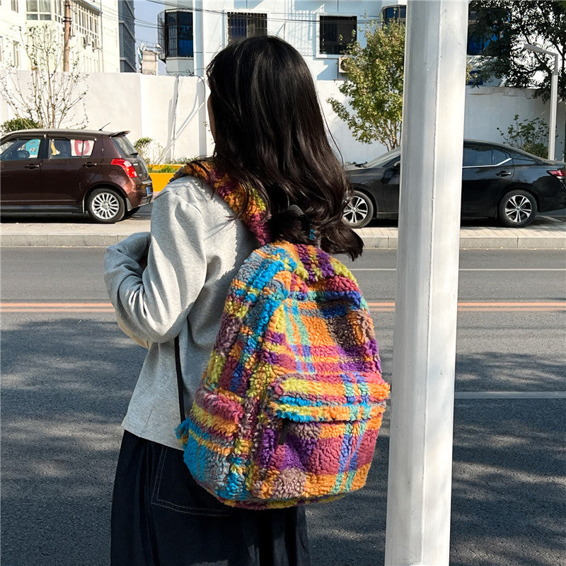 Niche – Retro-Rucksack aus Plüsch mit Karomuster und neuer Lammwolle
