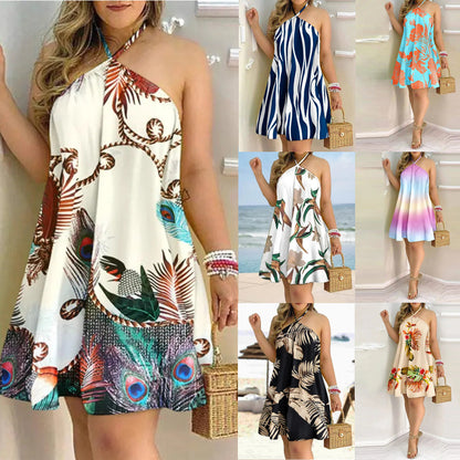 Vestido estampado de verano con hombros descubiertos y cuello colgante sin mangas, vestidos sexys para mujer