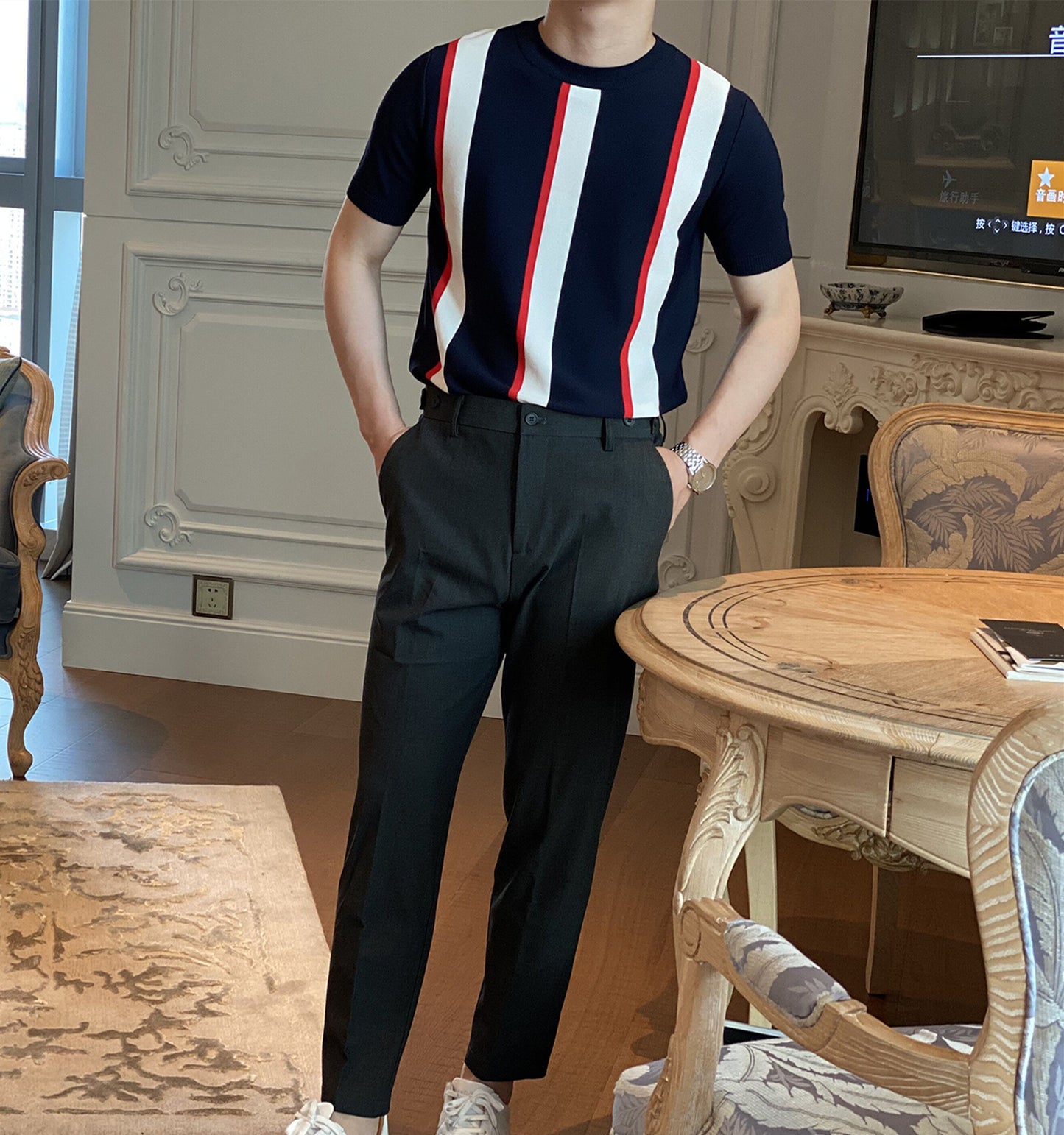 Korean Version Of The New Simple Vertical Stripes Knitted T-shirt Bottoming Shirt