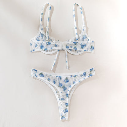 Cross-border New Floral Separated Bra Set Sexy Temptation Ultra-thin Mesh Print Transparent Erotic Underwear - BAGMODA