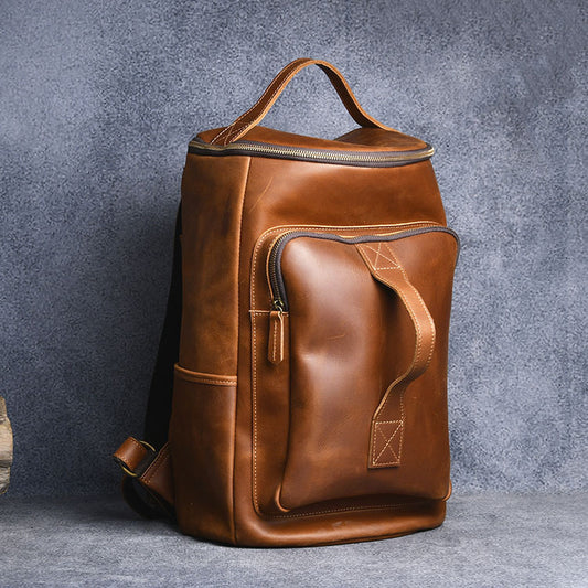Vintage Crazy Horse Leather Hand-carrying Backpack Travel Leather Hiking Backpack