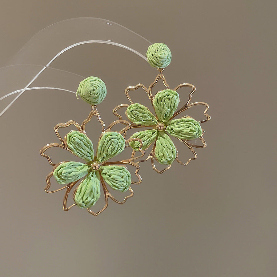 Silver Needle Fabric Flower Pendant Earrings For Women