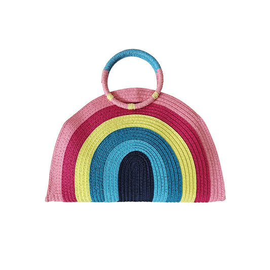 Rainbow portable straw woven bag beach women bag