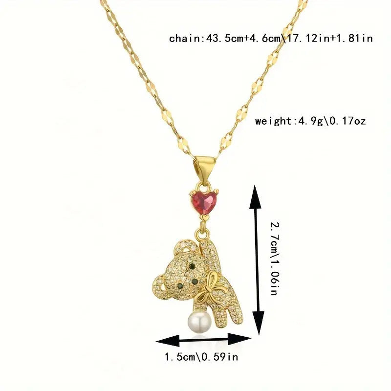 Collar de perlas y oso con globo de amor y micro incrustaciones de circonita