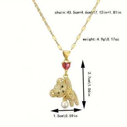 Collar de perlas y oso con globo de amor y micro incrustaciones de circonita