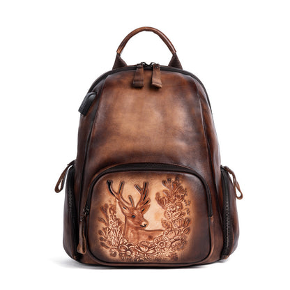 Retro polierte Deckschicht Rindsleder personalisierte Hirschkopf Rucksack