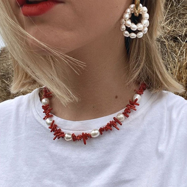 Red New Style Gravel Clavicle Chain Freshwater Pearl Necklace For Women
