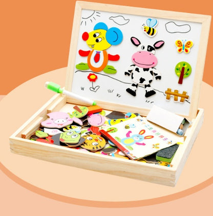 Rompecabezas magnético de madera para niños, caja de rompecabezas 3D con figuras de animales, tablero de dibujo y escritura, juguetes educativos de aprendizaje para niños. 