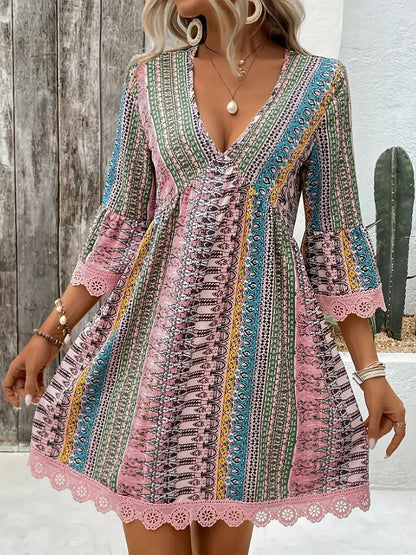 Vestido bohemio con cuello en V, estampado, informal, holgado, para playa, para mujer