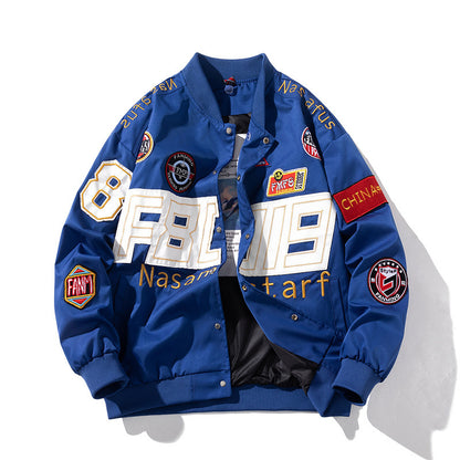 Pareja de otoño e invierno con uniforme de béisbol de motocicleta americana