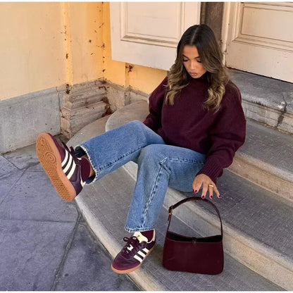 Suéter de cuello alto rojo vino vintage para mujer con personalidad de punto