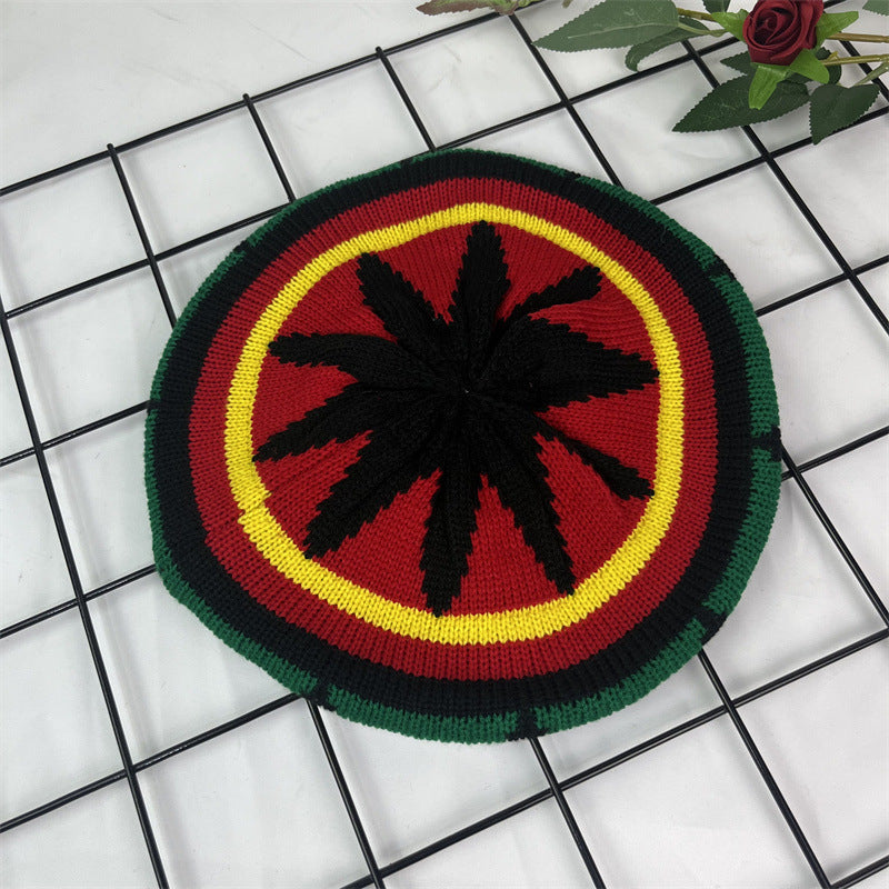 Hand Crocheted Wool Beret Jamaica Colorblock Knit