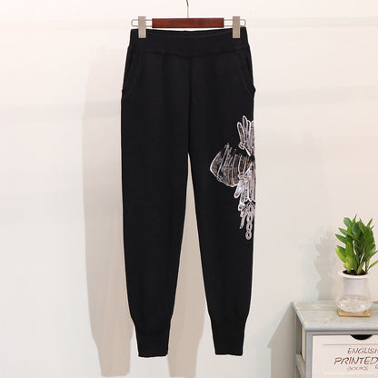 Suéter de punto de manga larga, pantalones de punto casuales, traje de punto de moda para mujer