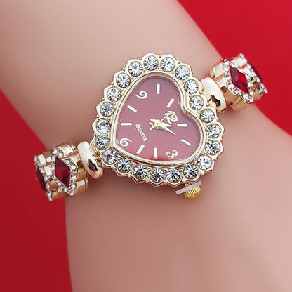 Conjunto de reloj y pulsera de moda con forma de corazón de diamantes de cuarzo, conjunto de joyería de moda para mujer, regalo de San Valentín