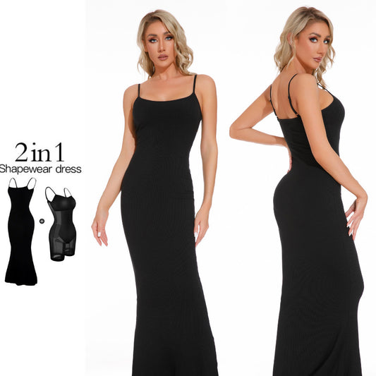 Damen Shapewear Kleid Jumpsuit Bauchstraffung Lift Korsett Offener Schritt Strapse Enger Langer Rock Brustpolster Bodysuit Kleid