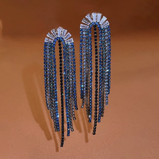 925 Silver Needle Personality U-shaped Zircon Rhinestone Tassel Earrings