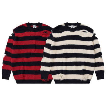 Men's And Women's Same Maychao Striped Round Neck Ripped Pullover Sweater