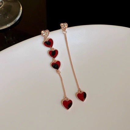 Silver Needle Asymmetric Diamond Love Chain Earrings